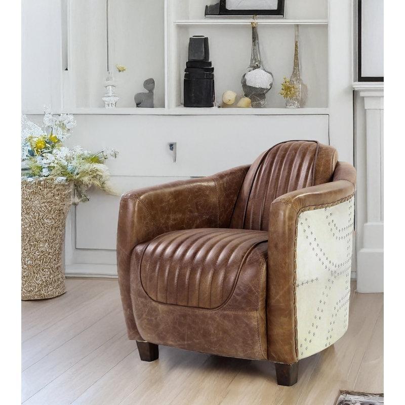 Retro Kahverengi Hakiki Deri ve Alüminyum Patchwork Tasarımlı Tekli Koltuk - 204049