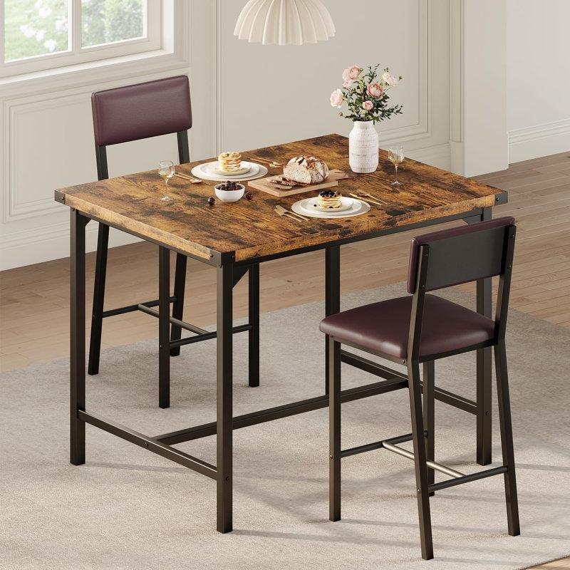 Retro Renk Endüstriyel Ahşap 2 Tabureli Metal Köşe Korumalı Bar Masası Seti - 90x75 cm - 231807