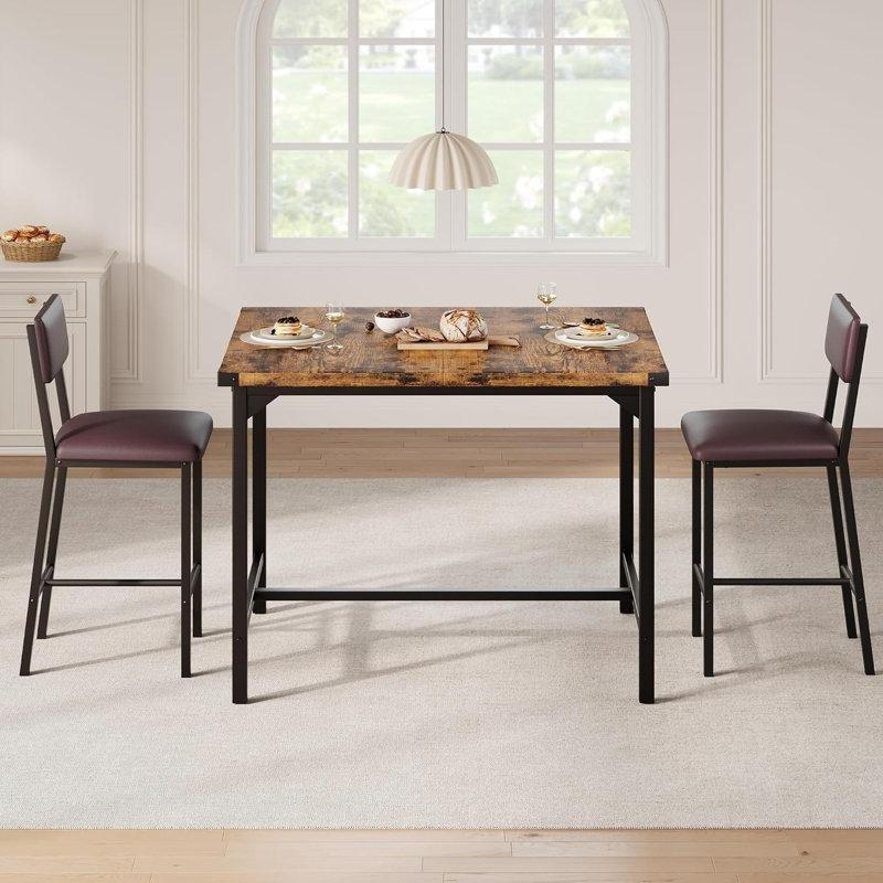 Retro Renk Endüstriyel Ahşap 2 Tabureli Metal Köşe Korumalı Bar Masası Seti - 90x75 cm - 231807