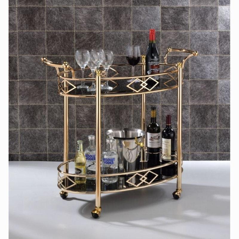 Rose Gold Metal Çerçeveli Siyah Cam Raflı Tekerlekli Şaraplıklı Servis Arabası - 89x41x82 cm - 178321