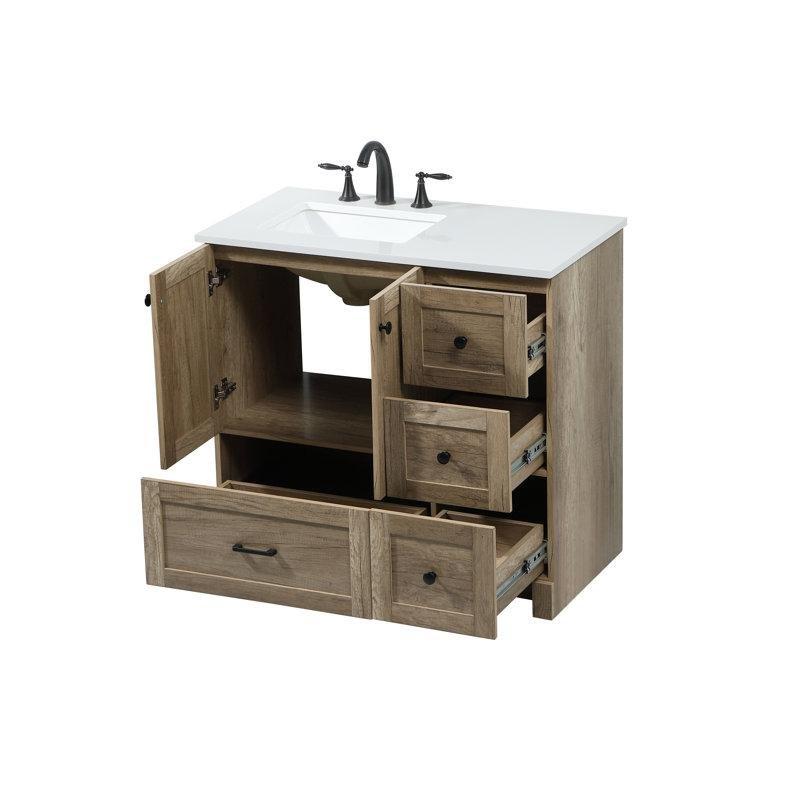 Rustik Ahşap Dokulu MDF Gövdeli Fildişi Beyazı Mermer Tezgahlı 4 Çekmeceli Ayaklı Banyo Lavabo Dolabı - 92 cm - 197949