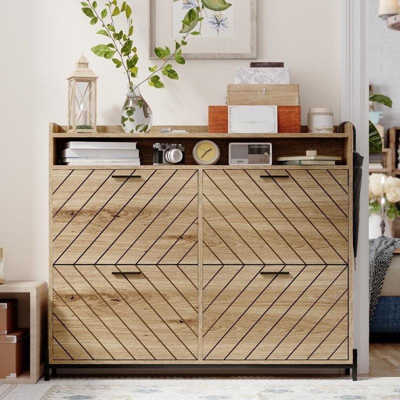 Rustik Balıksırtı Desenli 4 Düşer Kapaklı MDF Ayakkabılık - 120x24x99 cm - 229038