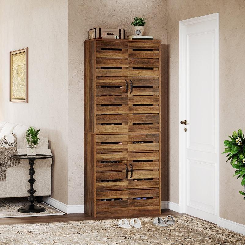 Rustik Kahverengi Ahşap 9 Raflı Panjur Kapaklı Ayakkabılık - 180 cm - 227079