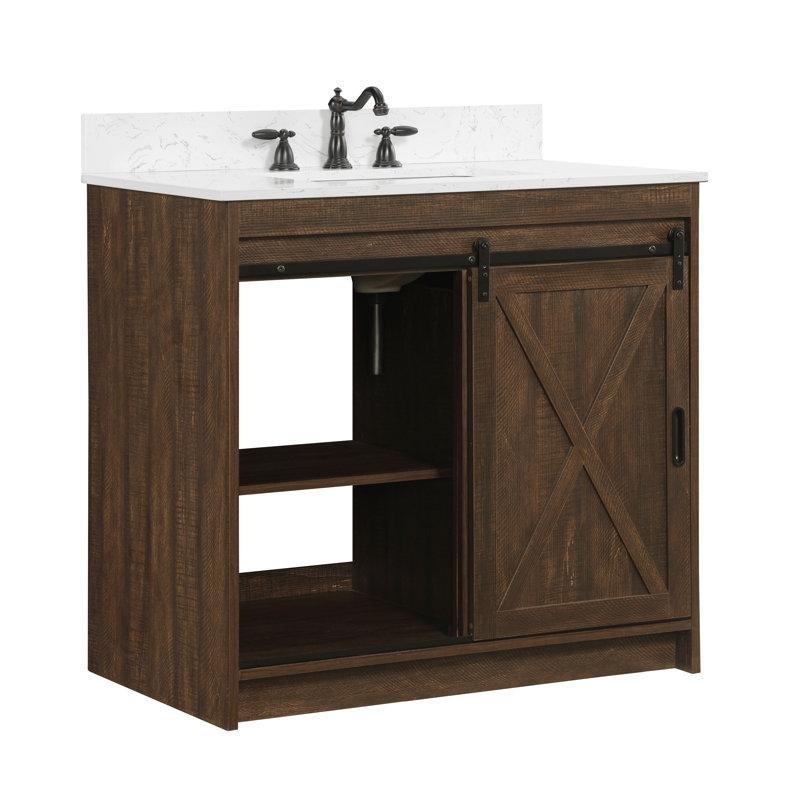 Rustik Kahverengi Ahşap Sürgülü Ahır Kapılı Kuvars Tezgahlı Banyo Lavabo Dolabı - 92 cm - 201510