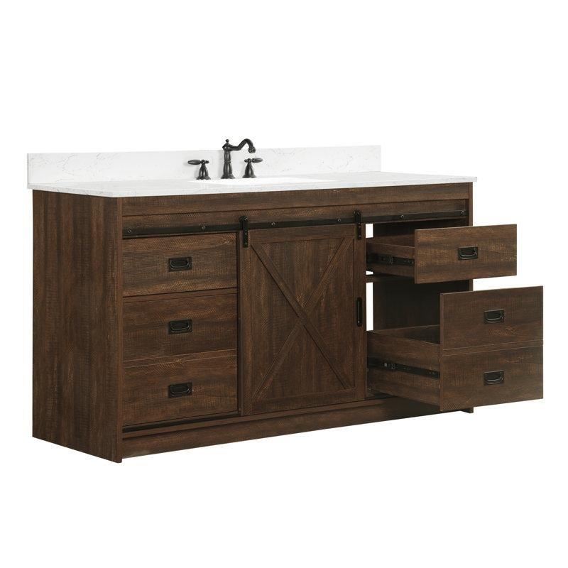 Rustik Kahverengi Ahşap Sürgülü Kapaklı Çekmeceli Banyo Lavabo Dolabı - 153 cm - 201535