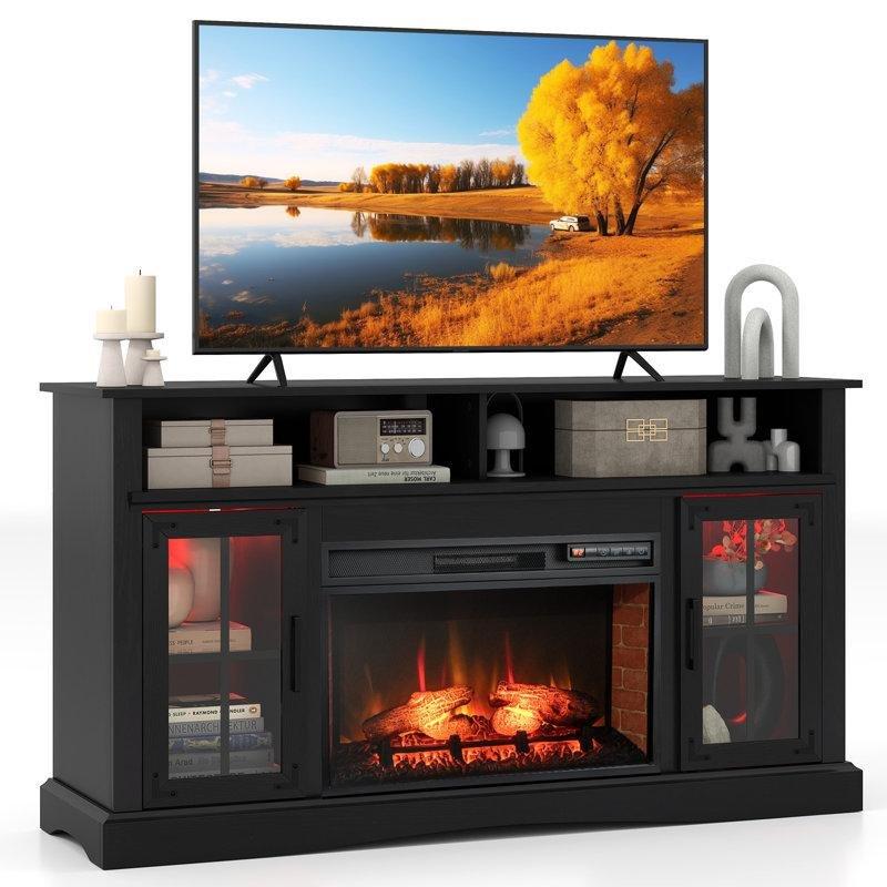 Rustik Kahverengi Ahşap Uzaktan Kumandalı ve LED Aydınlatmalı Şömineli TV Ünitesi - 148 cm - 220990
