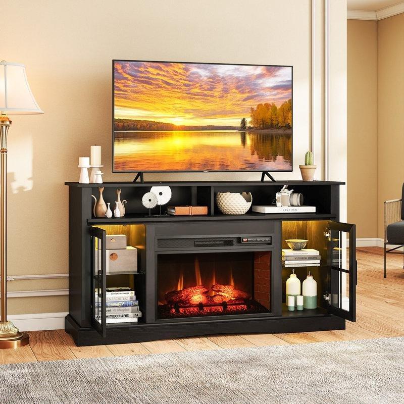 Rustik Kahverengi Ahşap Uzaktan Kumandalı ve LED Aydınlatmalı Şömineli TV Ünitesi - 148 cm - 220990