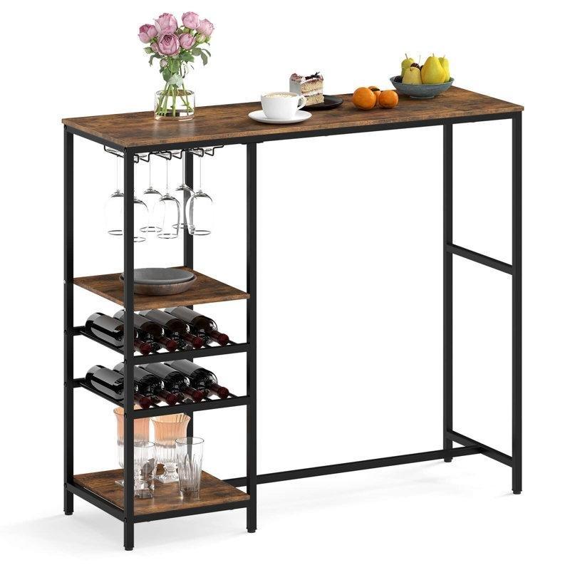 Rustik Kahverengi Ahşap ve Metal Raflı ve Şaraplıklı Bar Masası - 122 cm - 231406