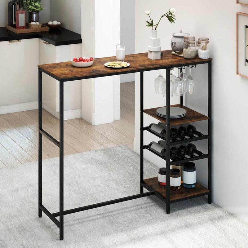 Rustik Kahverengi Ahşap ve Metal Raflı ve Şaraplıklı Bar Masası - 122 cm - 231406