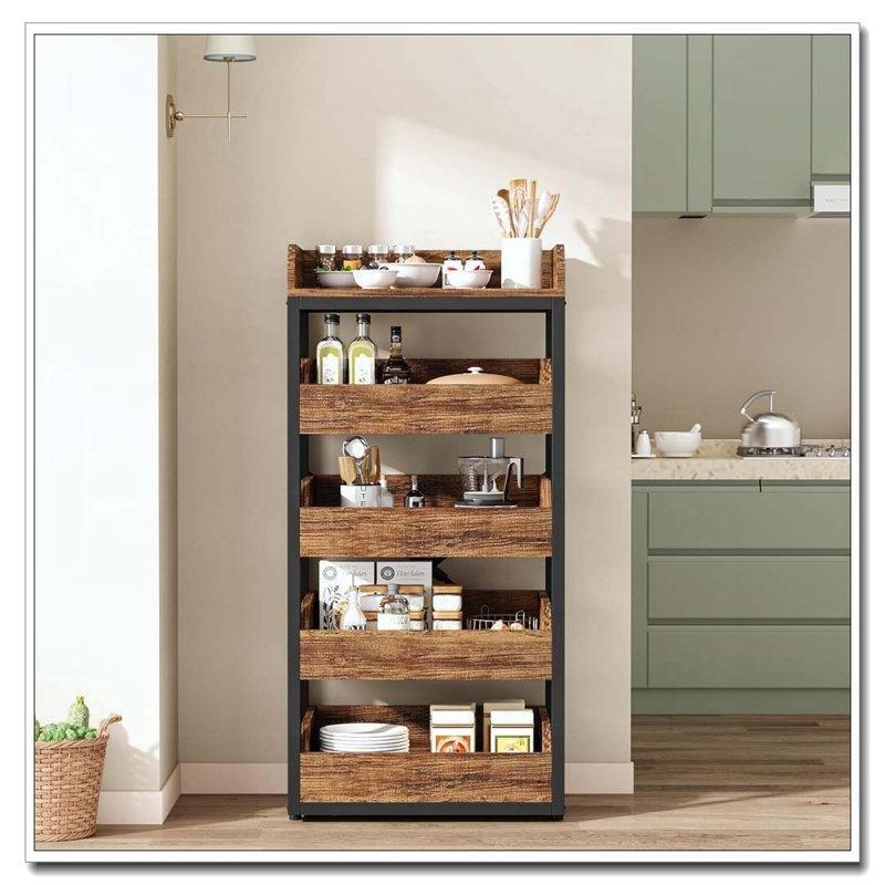 Rustik Kahverengi Ahşap ve Siyah Metal 5 Katlı Çekmeceli Sebzelik - 60 cm - 178010