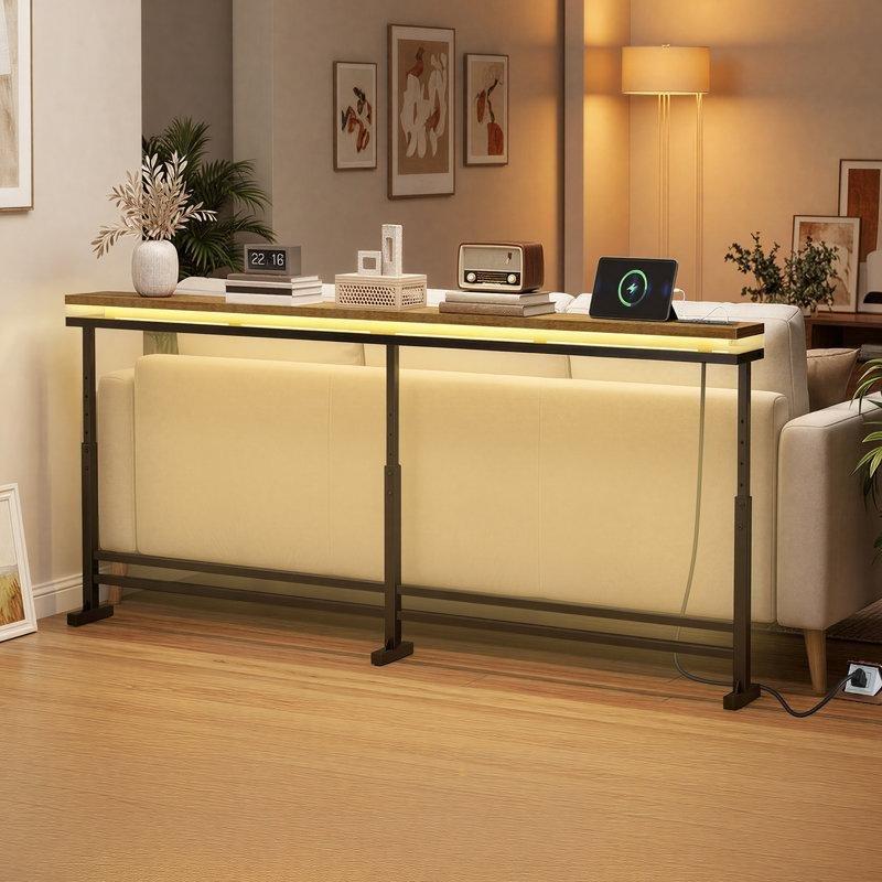 Rustik Kahverengi Ahşap ve Siyah Metal Yüksekliği Ayarlanabilir LED Işıklı Şarj İstasyonlu Koltuk Arkası Dresuar - 200 cm - 218086