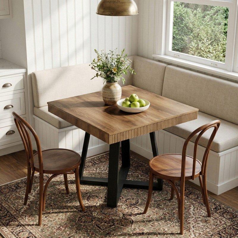 Rustik Kahverengi Ahşap X Ayaklı Oluklu Kenarlı Bohem Yemek Masası - 80x80 cm - 236125