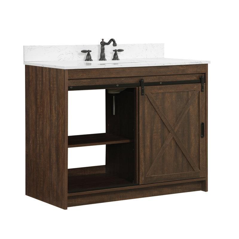 Rustik Kahverengi Endüstriyel Ahşap Sürgülü Kapaklı Çekmeceli Ayaklı Banyo Lavabo Dolabı - 107 cm - 200696