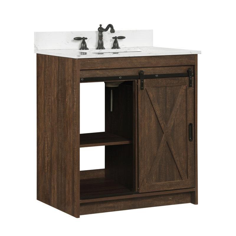 Rustik Kahverengi Kuvars Tezgahlı Ahşap Sürgülü Ahır Kapılı Banyo Lavabo Dolabı - 77 cm - 199733