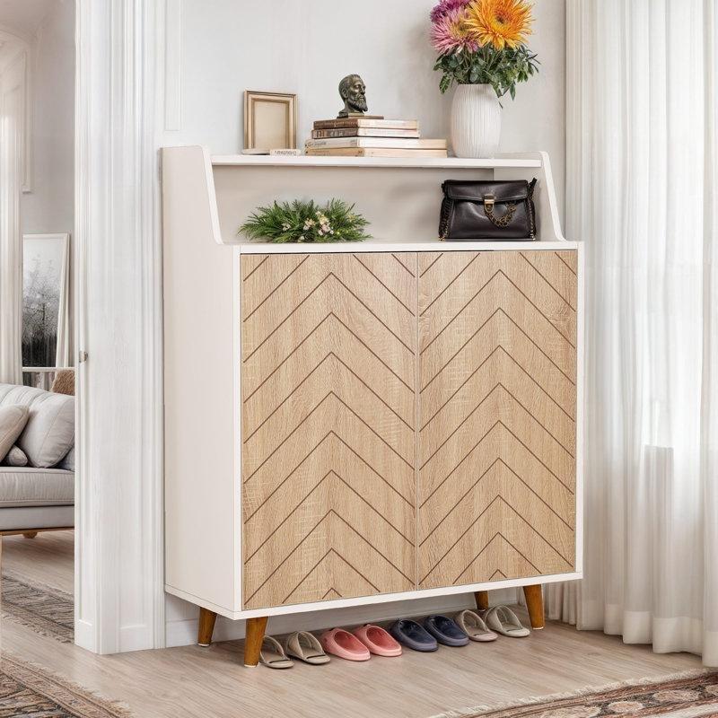 Rustik Kahverengi Masif Ahşap Balıksırtı Desenli 5 Raflı Ayakkabılık - 76 cm - 229809