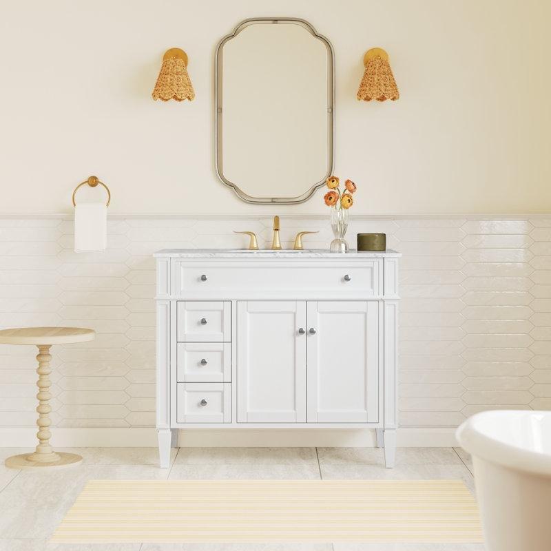 Rustik Kahverengi Masif Ahşap Carrara Mermer Tezgahlı Çekmeceli Ayaklı Banyo Lavabo Dolabı - 102 cm - 201491
