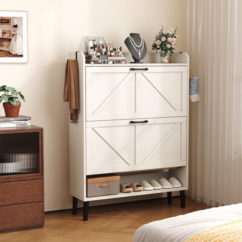 Rustik Kahverengi MDF 2 Çekmeceli Düşer Kapaklı Ayakkabılık - 77x25x110 cm - 228827