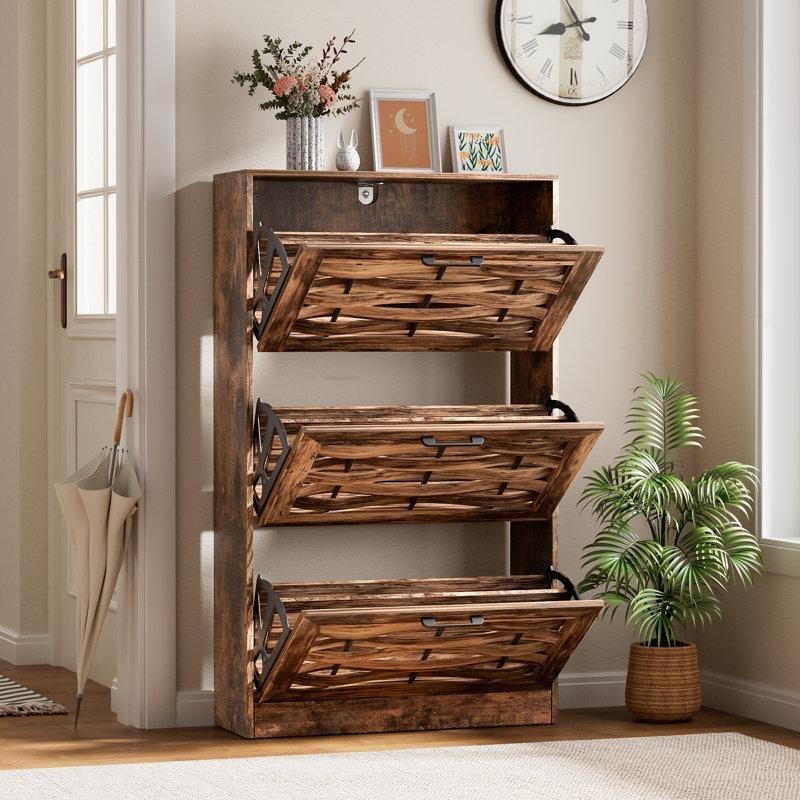 Rustik Kahverengi MDF Hasır Örgü Panelli 3 Düşer Kapaklı Ayakkabılık - 61x24x116 cm - 229045