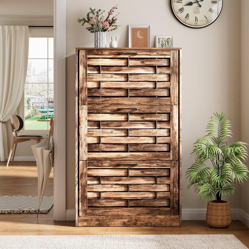 Rustik Kahverengi MDF Hasır Örgü Panelli 3 Düşer Kapaklı Ayakkabılık - 61x24x116 cm - 229045