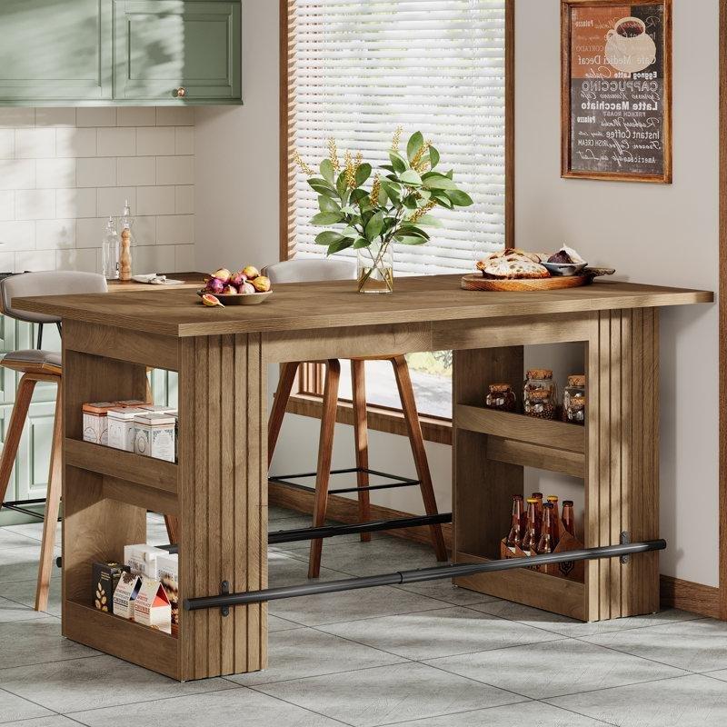 Rustik Kahverengi MDF Metal Raflı Ayak Dayamalı Dolaplı Bar Masası - 160x81 cm - 232067