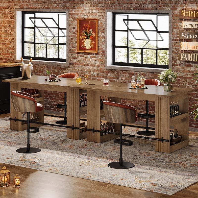 Rustik Kahverengi MDF Metal Raflı Ayak Dayamalı Dolaplı Bar Masası - 160x81 cm - 232067