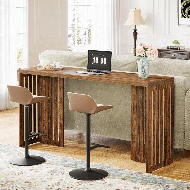 Rustik Kahverengi MDF Panjur Tasarımlı Dar Bar Masası - 160x51x90 cm - 231618