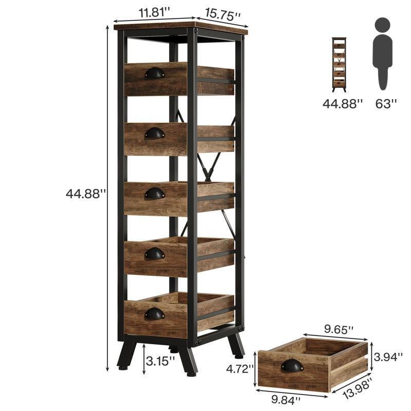 Rustik Kahverengi MDF ve Metal 5 Çekmeceli İkili Set Sebzelik - 40x30x114 cm - 178221