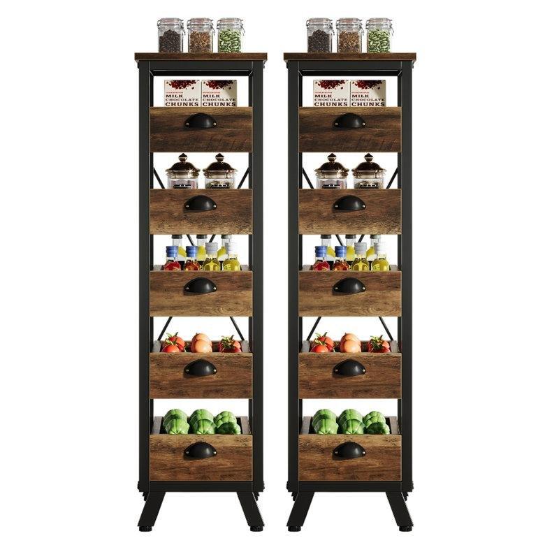 Rustik Kahverengi MDF ve Metal 5 Çekmeceli İkili Set Sebzelik - 40x30x114 cm - 178221