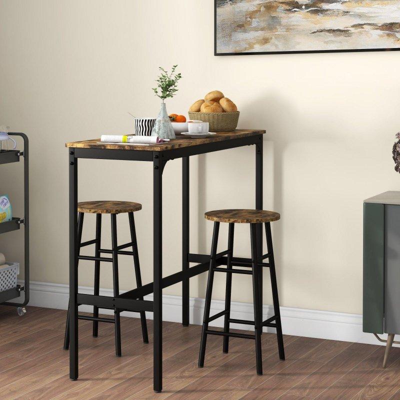 Rustik Kahverengi MDF ve Siyah Çelik 2 Tabureli Endüstriyel Bar Masası Seti - 105x40 cm - 232269