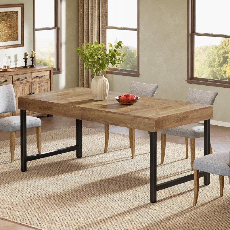 Rustik Kahverengi MDF ve Siyah Metal Ayaklı Dikdörtgen 6 Kişilik Bohem Yemek Masası - 141x71 cm - 237759