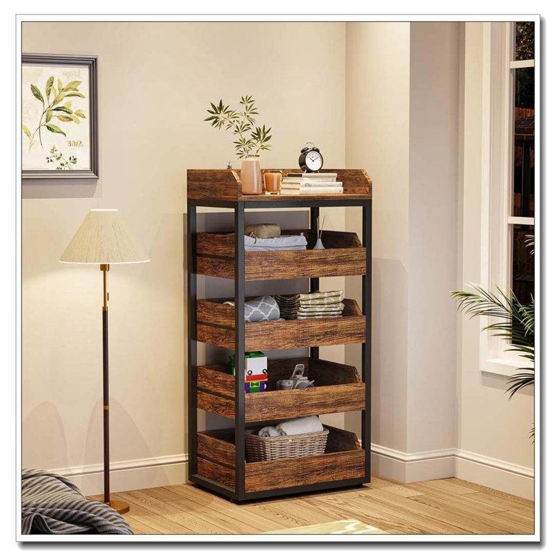 Rustik Kahverengi Metal Gövdeli 5 Katlı Çekmeceli Ahşap Sebzelik - 60x35x117 cm - 177746