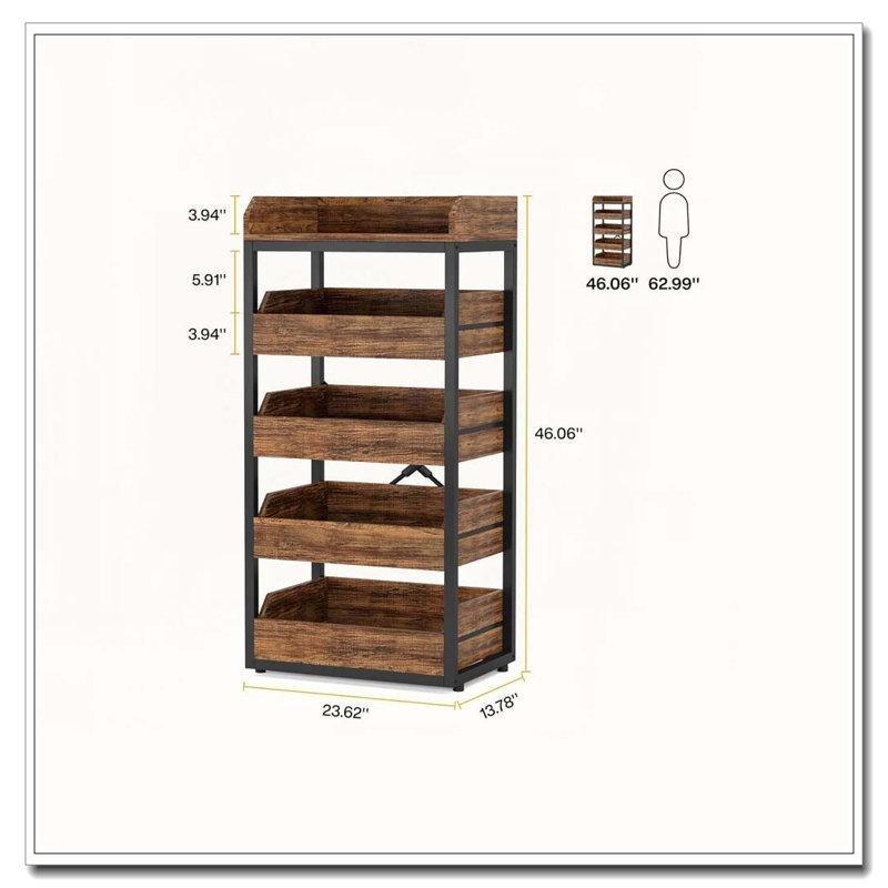 Rustik Kahverengi Metal Gövdeli 5 Katlı Çekmeceli Ahşap Sebzelik - 60x35x117 cm - 177746