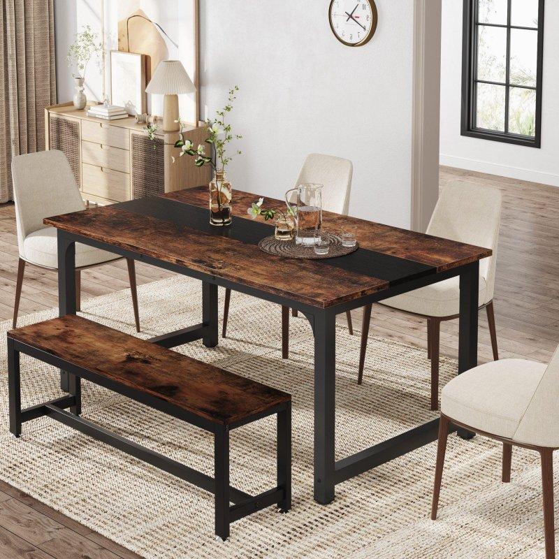 Rustik Kahverengi Metal ve Ahşap Endüstriyel Tasarım Bohem Yemek Masası - 160x80 cm - 236664
