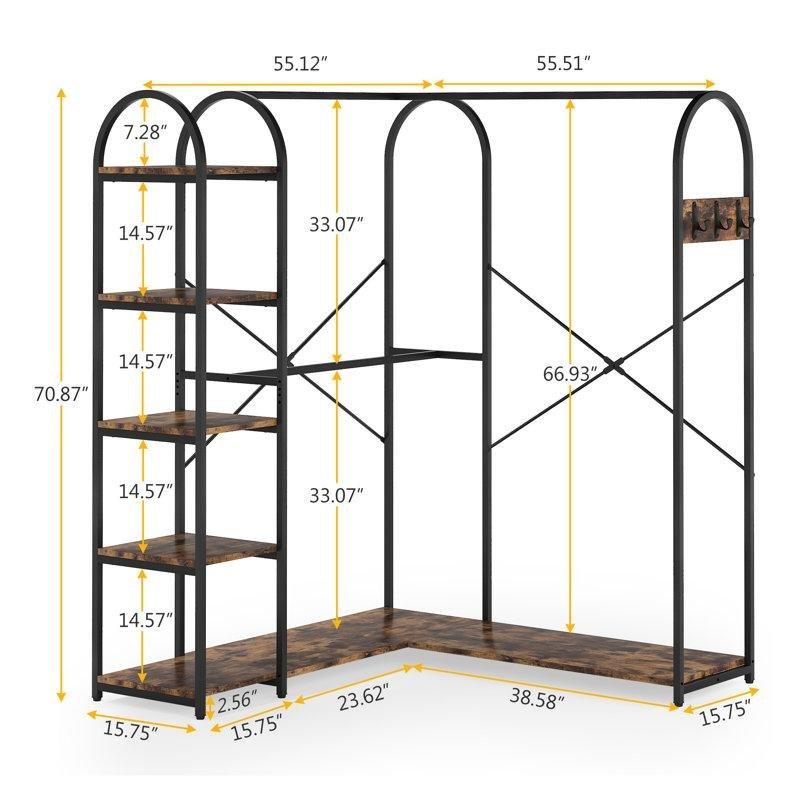 Rustik Kahverengi Metal ve Ahşap Raflı L Şekilli Ayaklı Askılık - 141x140 cm - 165553