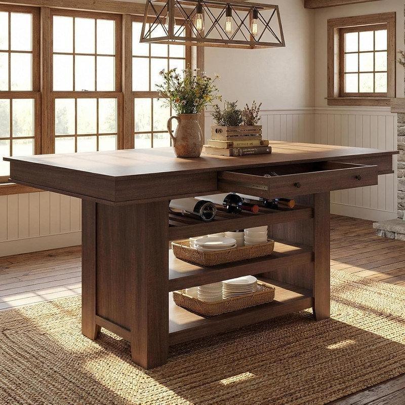 Rustik Kahverengi Şarap Raflı ve Çekmeceli MDF Bar Masası - 153x92 cm - 231822