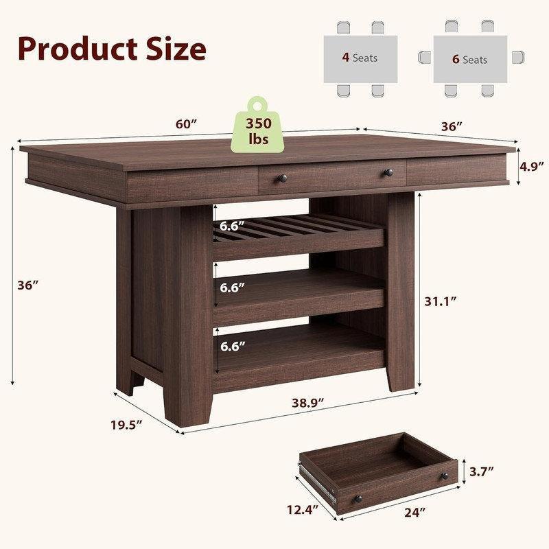 Rustik Kahverengi Şarap Raflı ve Çekmeceli MDF Bar Masası - 153x92 cm - 231822