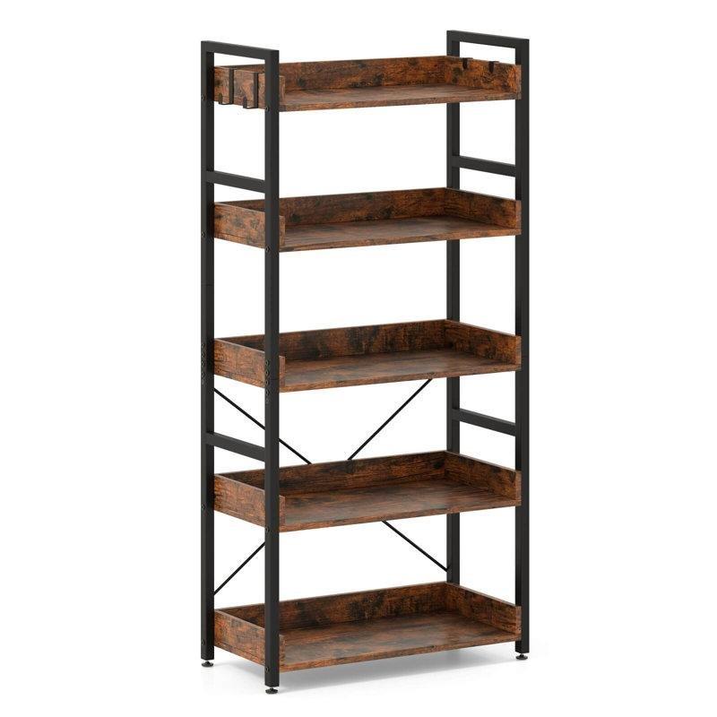 Rustik Kahverengi Siyah Metal Ahşap 5 Raflı 4 Kancalı Ayaklı Mutfak Rafı - 69x35x145 cm - 164071