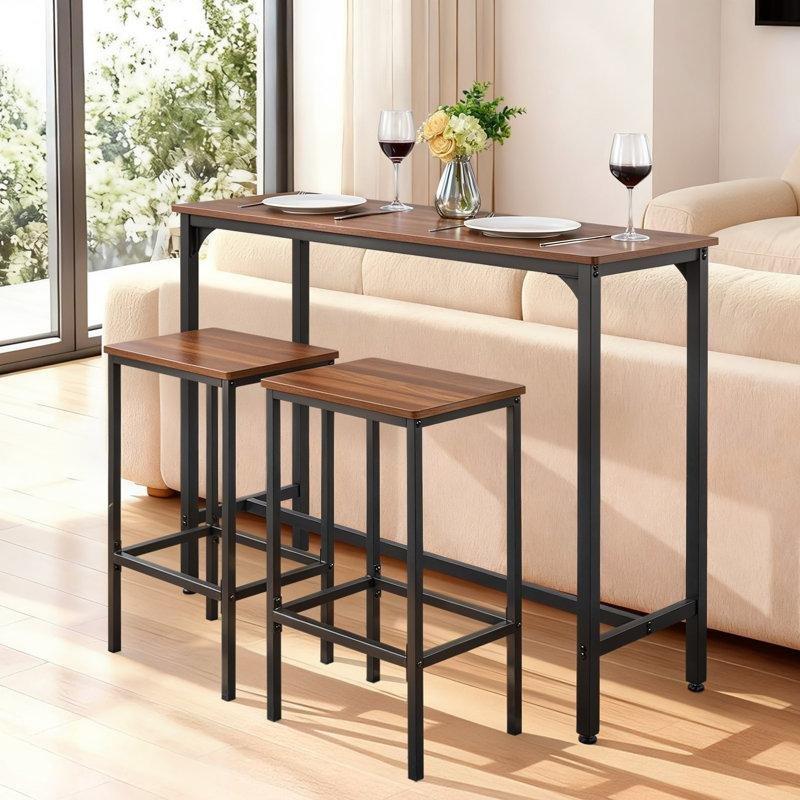 Rustik Kahverengi Suntalam ve Demir 2 Tabureli Yuvarlak Köşeli Bar Masası Seti - 120 cm - 231651
