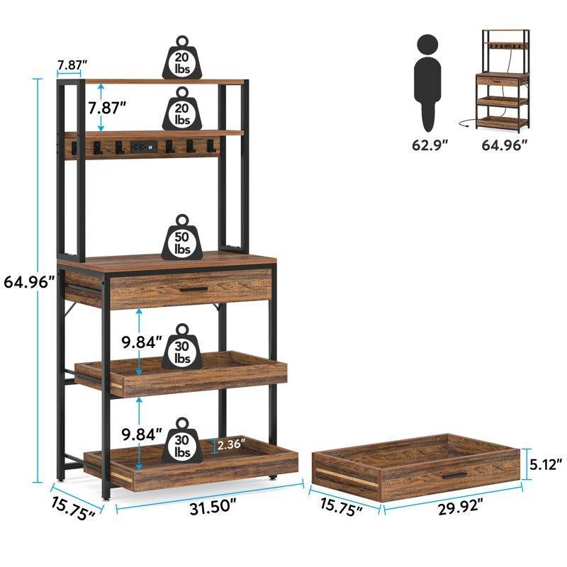 Rustik Kahverengi ve Siyah Çelik Prizli Çekmeceli Mutfak Rafı - 81 cm - 164032