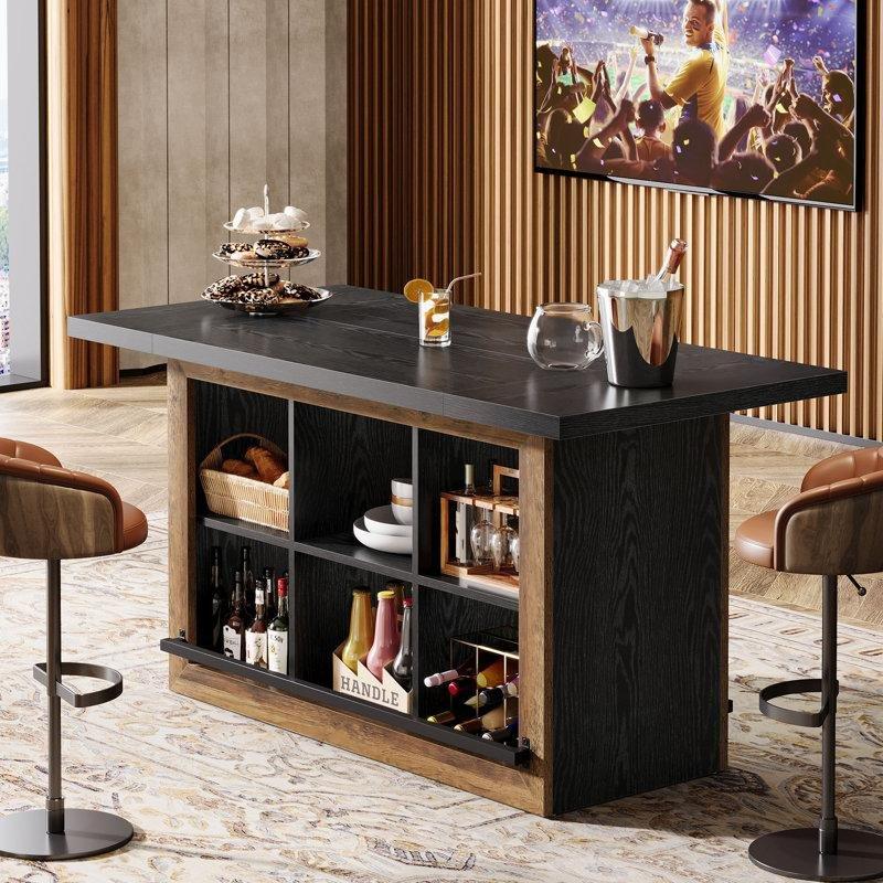 Rustik Kahverengi ve Siyah Metal Ayak Destekli 6 Bölmeli Ahşap Bar Masası - 159 cm - 232000