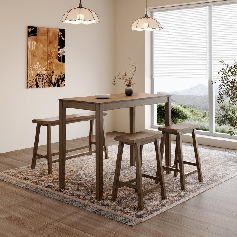 Rustik Karamel Masif Ahşap 4 Kişilik Banklı Tabureli Dikdörtgen Bar Masası Seti - 121x60 cm - 231781