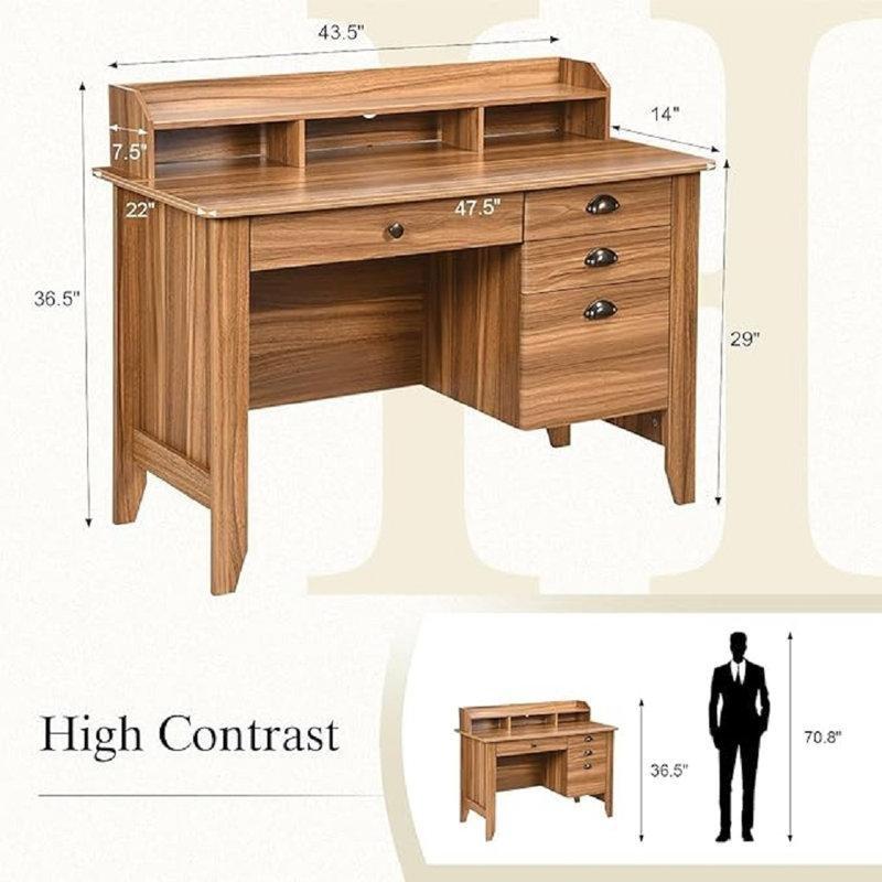 Rustik Meşe Kahverengi MDF 4 Çekmeceli Raflı Vintage Çalışma Masası - 121x56 cm - 234695