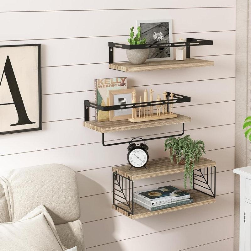 Rustik Pavlonya Ağacı ve Metal Havlu Askılı 4lü Duvar Rafı Seti - 41x15 cm - 179659