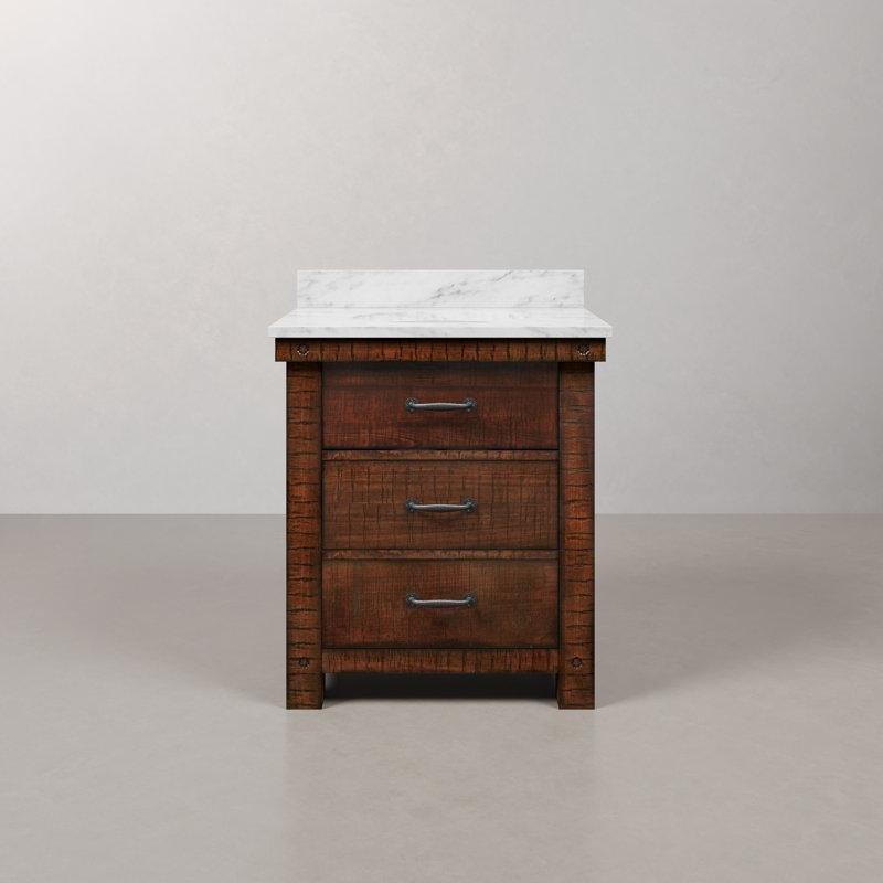 Rustik Siena Masif Ahşap Beyaz Mermer Tezgahlı Üç Çekmeceli Banyo Lavabo Dolabı - 77 cm - 200770