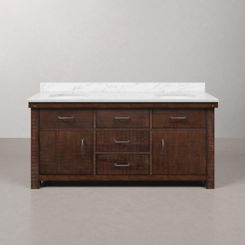 Rustik Sienna Masif Ahşap Mermer Tezgahlı Çift Lavabolu Ayaklı Banyo Lavabo Dolabı - 183 cm - 201130