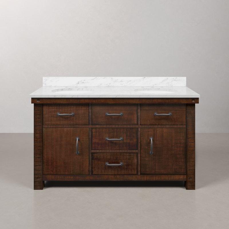Rustik Sienna Masif Kavak Ağacı Çift Lavabolu Ayaklı Banyo Lavabo Dolabı Mermer Tezgahlı - 153 cm - 201211