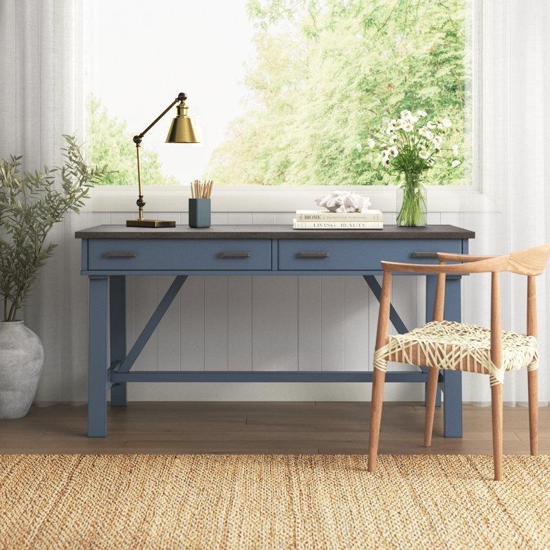 Sable ve Denim Rengi Masif Ahşap Dahili Priz ve USB Portlu İki Çekmeceli Vintage Çalışma Masası - 153x77 cm - 234322