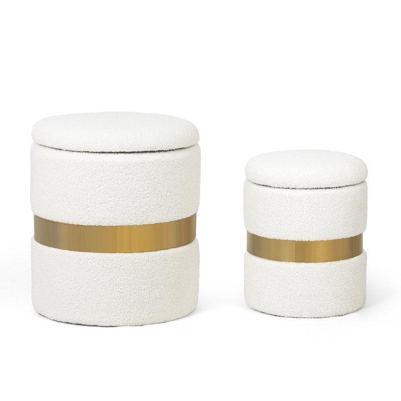 Saklama Alanlı Gold Metal Şeritli Kadife 2li Set Yuvarlak Makyaj Masası Pufu - 232846
