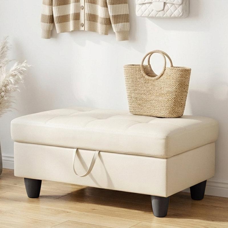 Şampanya Rengi Suni Deri Sandıklı Dikdörtgen Puf - 89x60x45 cm - 164896