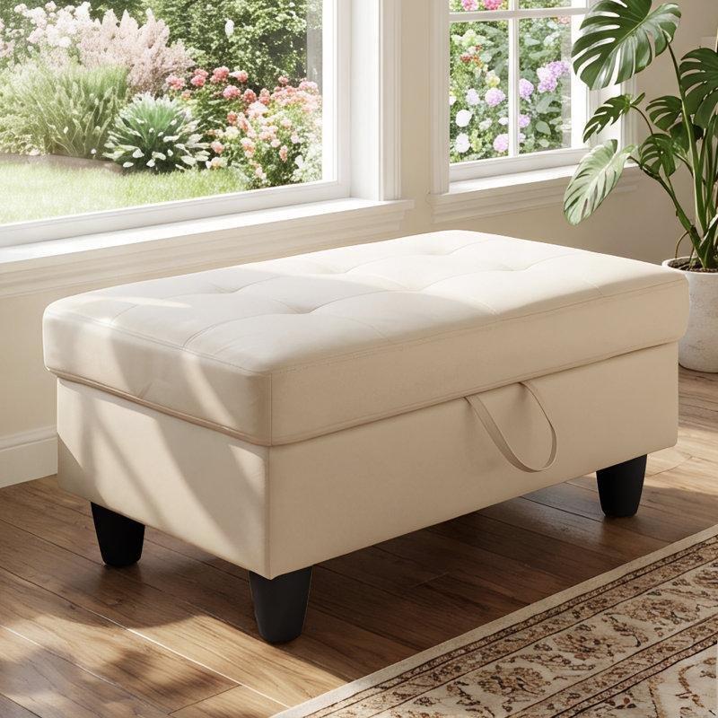 Şampanya Rengi Suni Deri Sandıklı Dikdörtgen Puf - 89x60x45 cm - 164896